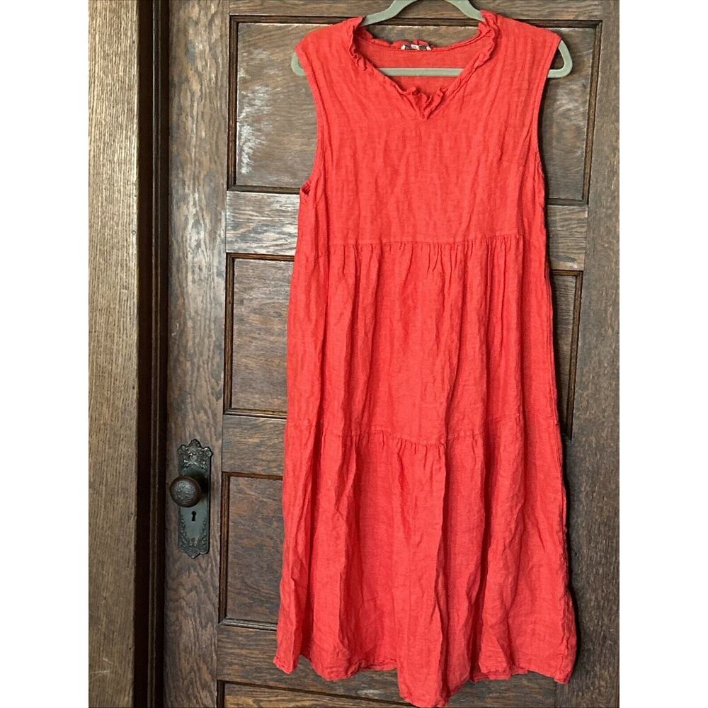 Le Ragazze Red 100% Linen Tiered Midi Dress Sz M